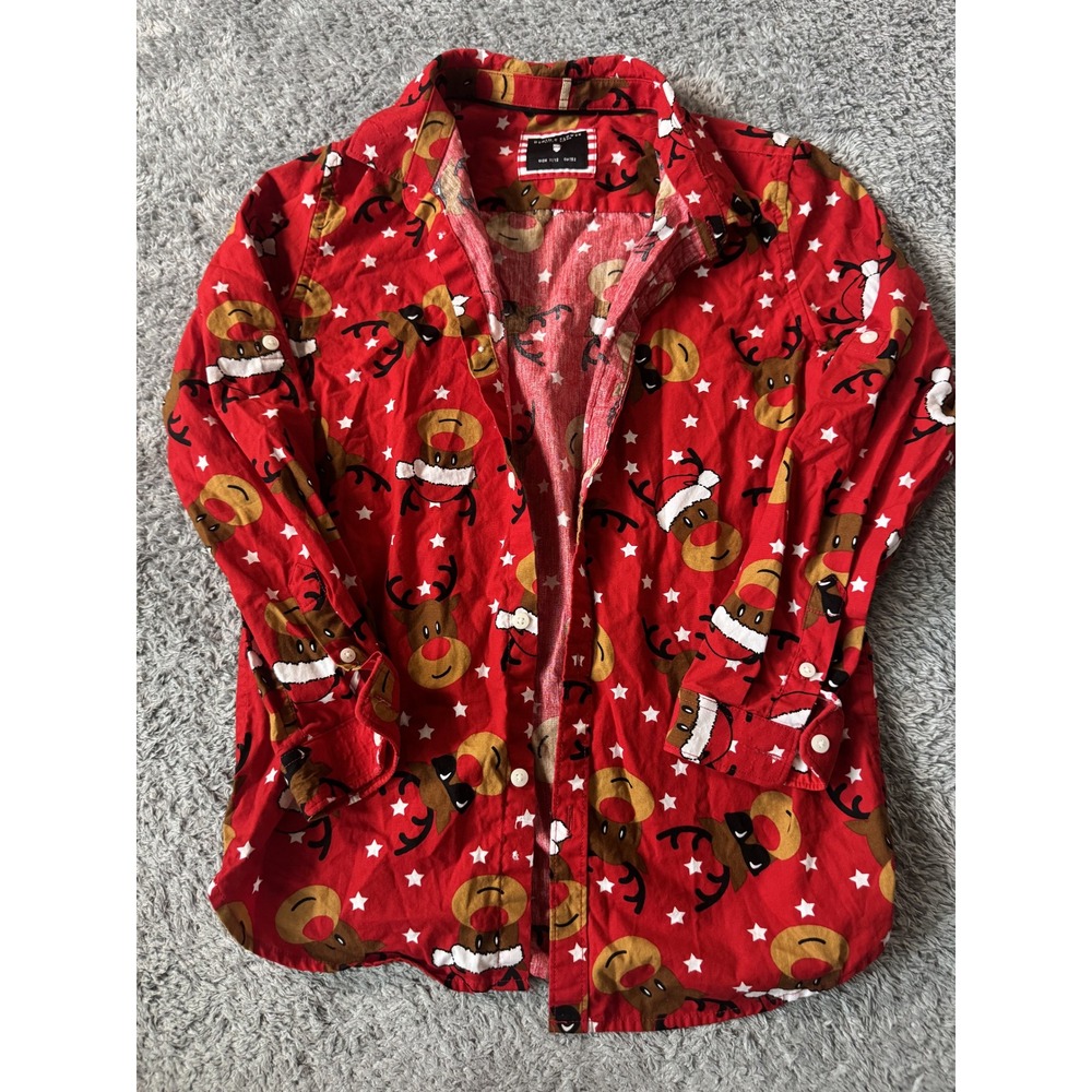 Denim & Flower Boys Reindeer Button Down Shirt 11/12 Red Festive Cotton
